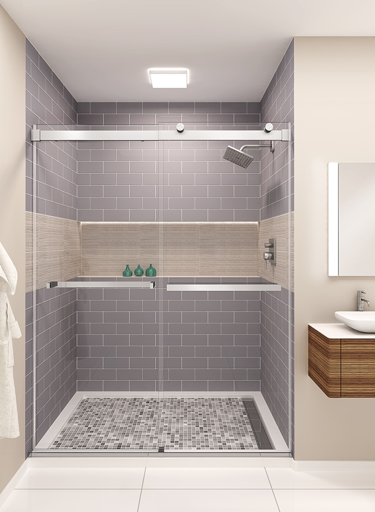 Walk-in Shower with Glass Doors and Square Shower Head